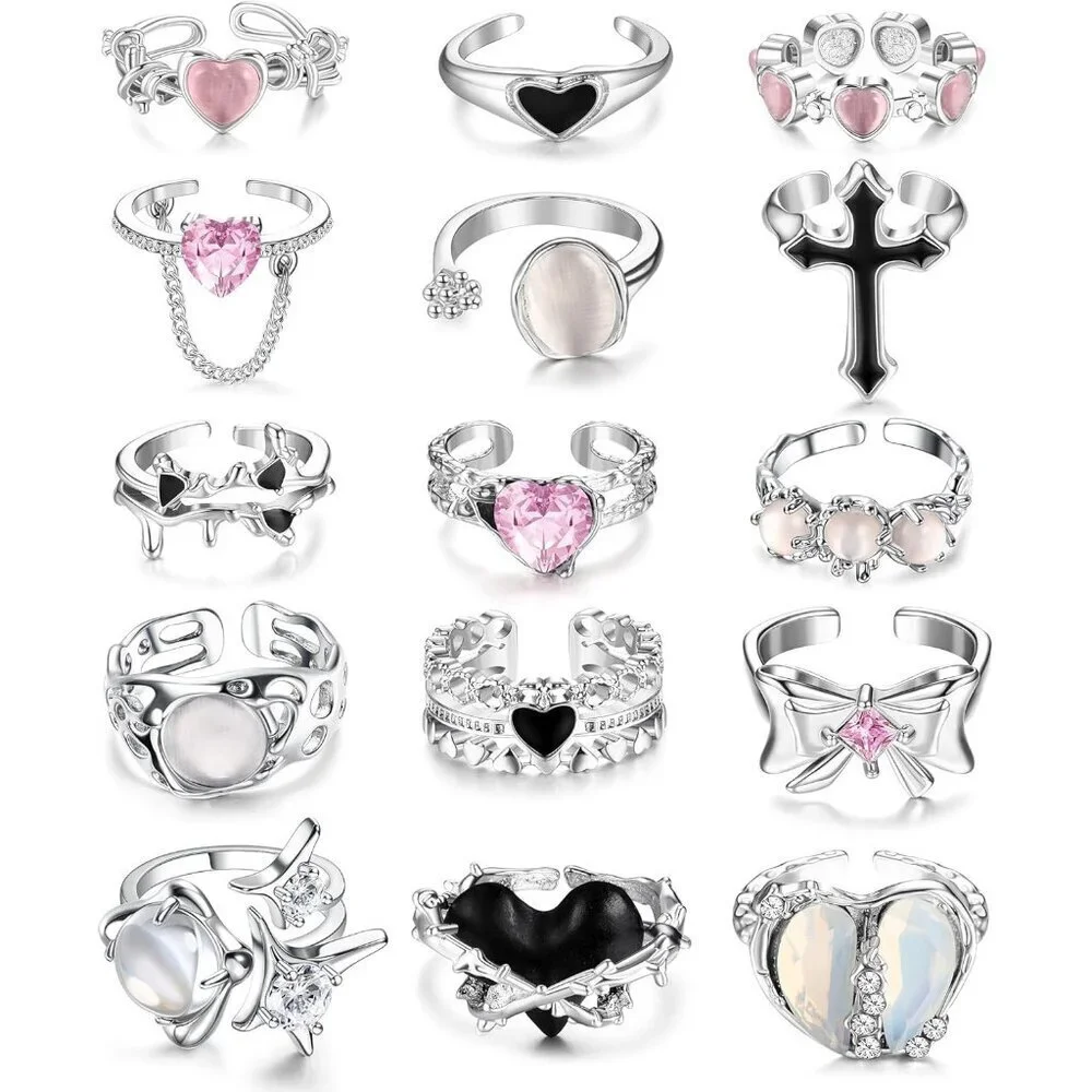 15 Pcs Y2K Rings Women Open Adjustable Vintage Gothic Punk Jewelry